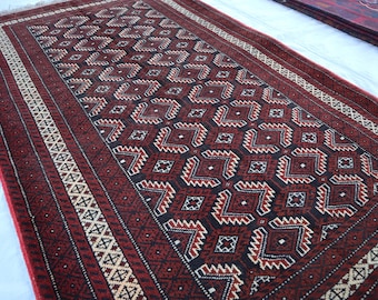 Brown Vintage Baluchi Rug 4x6'6 ft Afghan Handmade Soft Wool Area rug, Geometric Antique Oriental Rug, Turkmen Tribal Rug, Living Room Rug
