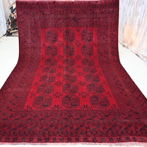 1960s Antique Tekke Ersari Rug 7x10 ft, Afghan Handmade Wool Red Rug 6'9x10'4 ft, Low Pile Area Rug, Distressed Area Rug, Dining Table Rugs