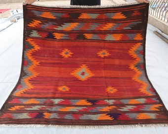 5x5 ft Square Area Rug - Striped Antique Kilim rug - Handmade Afghan Flatweave Suzani Kilim Rug, Natural dyes Boho Oriental Vintage Area Rug