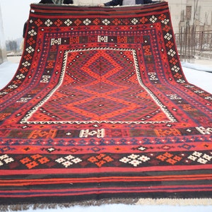 8x13 Red Kilim Rug, Vintage Large Rug, Afghan Hand Woven veg dyes Wool Geometric Rug, Decorative Boho Rug - Rug for living Room, Bedroom Rug