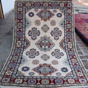4.3x6.4 Beige Kazak Area Rug, Geometric Design Natural Veg dyes Tribal Afghan Handmade Wool Oriental Rug, Bedroom, Living Room Bedroom Rug