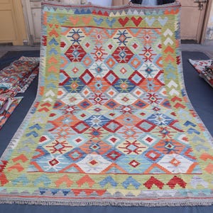 7x10 ft Afghan Kilim Rug - Multicolor Turkmen Flatweave Handmade Wool Modern Kilim Rug - Rug for Bedroom - Natural Veg dyes Geometric Kilim