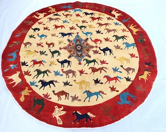 6'5x6'4 Ft Pictorial Round Rug/ Afghan Fine Hand Knotted Wool Rug/ Office Home Décor Rug/ Circle Shape living Room Rug/ 200x200 cm Round Rug