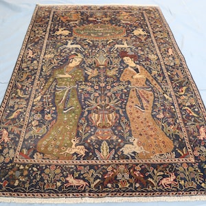 5x7 feet Blue Vintage Pictorial Rug, Handmade Wool Rug, Antique Art deco Rug, Afghan Animal Print Birds Tree of life rug, One of a Kind Rug