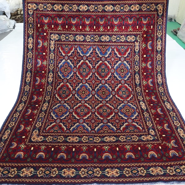 Red Blue 5x7. Yusufi Area Rug - Hand-knotted Afghan Wool Rug - Classic Red Rug - Rug for Bedroom Red - Living Room Rug 5x7 - Plush Wool Rug