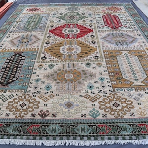 Extra Large 10&#39;5x13 Afghan Rug- Hand Knotted Wool Area Rug- Turkoman Oriental Khoja Rushnaye Rug- Rug For Living Room, Dining Table Carpet