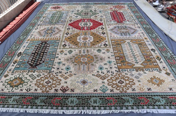 Extra Large 10'5x13 Afghan Rug- Hand Knotted Wool Area Rug- Turkoman Oriental Khoja Rushnaye Rug- Rug For Living Room, Dining Table Carpet
