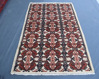4x6 Handmade Afghan Rug/ Turkomon Handmade Wool Rug, 125x193 cm Top Quality Organic Dyes Rug/ Kasheen design Rug/ Tribal Turkmen Bukhara Rug