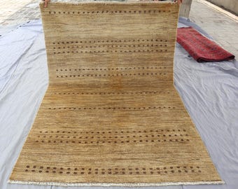 Striped Gabbeh Area Rug 4x6 ft Hand Knotted Rug, Afghan Veg dye Wool Rug, Tribal Turkmen Rug, Gabbeh Area Rug, Dining table, Bedroom Carpet