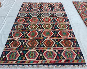 5'3x7'7 ft Handmade Kilim Rug, Afghan Flatweave Multi color Area Rug, Oriental Turkmen Rug, Rug for Bedroom, Office, Living Room 158x230 cm