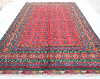 7 x 10 Ft Großer Afghanischer Teppich, Handgeknüpfter Wollteppich Buchara, Orientalischer Teppich für Wohnzimmer, Esstisch, Teppich im Schlafzimmer