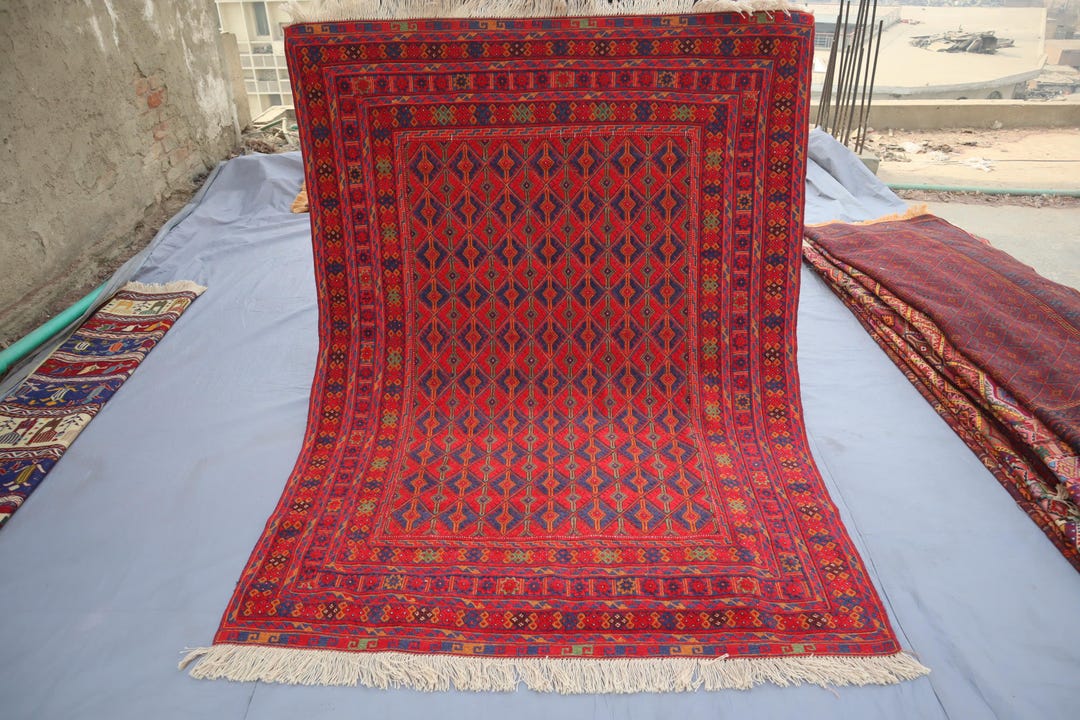 Vintage Afghan Miashwani Kilim Rug 4'9x6'7 Handmade Geometric Wool Rug ...