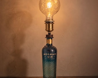 Mermaid Blue Gin Bottle Lamp, Upcycled Desk Light, Quirky Home Bar Decor, Unique Gin Gift for Him, Mood Lighting