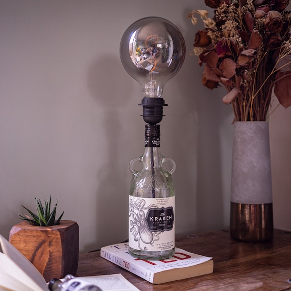 KRAKEN RUM BOTTLE Desk Lamp - Upcycled Recycled Light, Wedding Table Centrepiece, Recycled Lighting, U.K. Main Plug, Black Rum Bottle Craft