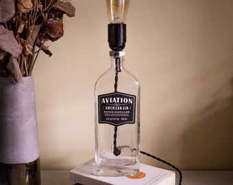 Aviation Gin Bottle Lamp - Gin Bottle Lighting, Upcycled Lamp, Wedding Table Centrepiece, Recycled Novelty Light, Night Light, Cool Gift