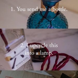 May include: Three steps are shown in the image. The first step is to send a bottle. The second step is to upcycle the bottle into a lamp. The third step is to securely package the lamp and send it back.
