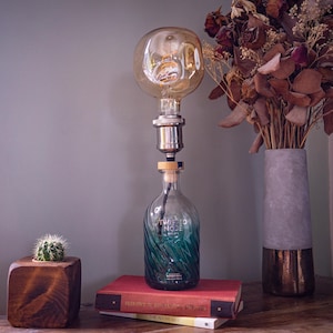 Lampada con luce a forma di bottiglia vuota con naso contorto e stravagante - Luci sostenibili, regalo ecologico riciclato, spina principale del Regno Unito, regalo di gin, luce di gin