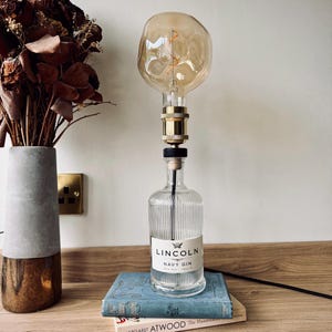 Lincoln Navy Dry Gin Light - Gin Bottle Lamp, Upcycled Table Lighting, Quirky Bottle Light Gift