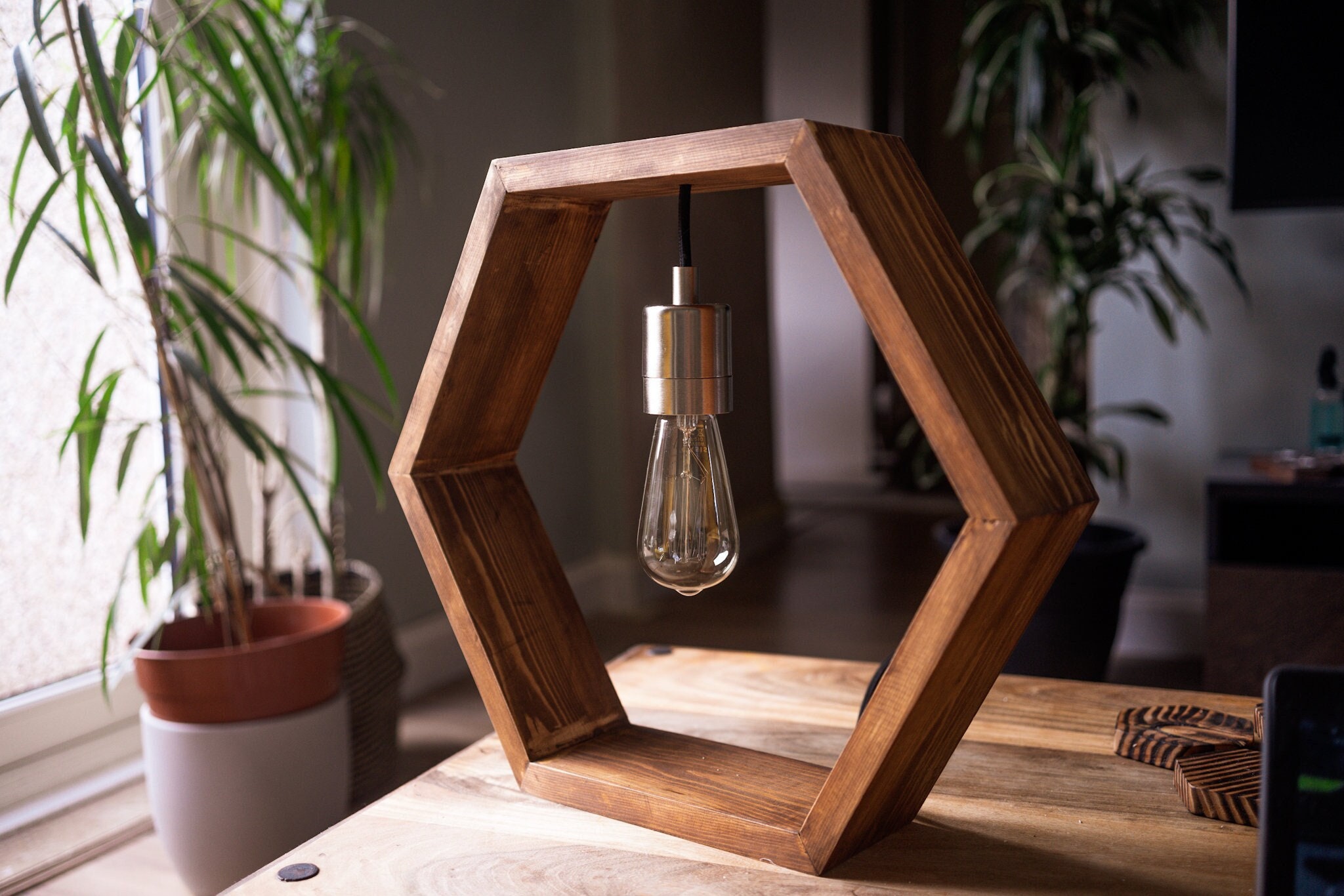 RECLAIMED WOOD HEXAGON Desk Lamp Handmade Table Light - Etsy Denmark