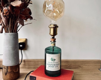 Gunpowder Green Gin Bottle Lamp, Upcycled Bottle Light, Eco-friendly, Gift for Gin Lovers