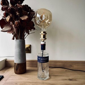 The Botanist Islay Dry Gin Bottle Light Rare - Collectable, with Raised Letters in Latin Forged Island Botanicals, Upcycled Table Lighting