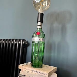 May include: A green glass bottle with a black cap and a clear glass light bulb on top. The bottle is sitting on a stack of three books. The top book has the title "Margaret Atwood The Testaments" on the spine. The middle book has the title "Murakami Kafka on the Shore" on the spine. The bottom book has the title "Sapiens A Brief History of Humankind" on the spine.