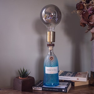 Kings Hill Blue Gin Bottle Light - Sustainable Recycled Lighting, U.K. Main Plug, Wedding Table Centrepiece, Night Lamp, Quirky Gift