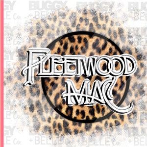 May include: A circle with a leopard print background and the text "Fleetwood Mac" in white outlined letters.