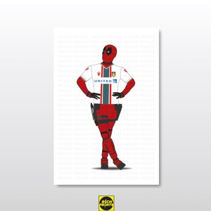 Könnte beinhalten: Eine digitale Illustration eines Superhelden, der ein weißes und rotes Fußballtrikot mit dem Wort "UNITED" auf der Vorderseite trägt. Der Superheld trägt eine rote Maske und ein rot-schwarzes Kostüm.