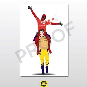 Könnte beinhalten: Illustration von Deadpool in einem rot-weißem Fußballtrikot, der auf den Schultern von Wolverine reitet, der ein gelb-schwarzes Fußballtrikot trägt. Beide sind in einer feierlichen Pose. Der Hintergrund ist weiß.