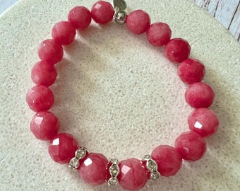 Strawberry Jade Gemstone Stretch Bracelet, Silver Accents