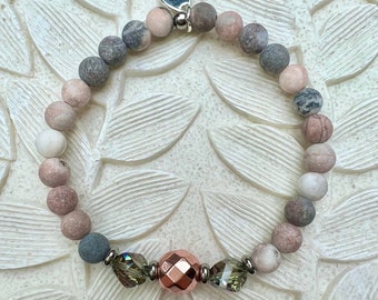 Matte Pink Zebra Jasper Stretch Bracelet, Rose Gold Hematite, Swarovski Crystal