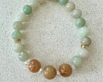 Burmese Jade Stretch Bracelet, Etched Jade, Crystal and Gold Accents