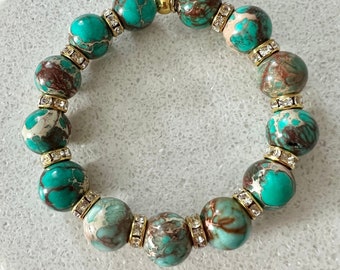 Chunky Impression Jasper Stretch Bracelet, Green, Gold Accents