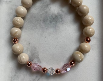 Spring Riverstone Stretch Bracelet, Gemstone, Neutral, Pink Crystals, Swarovski Crystal, Rose Gold Accents