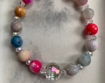 Bubblegum Agate Gemstone Stretch Bracelet, Crystal AB, Summer Vibes