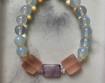 Spring Sea Opal Gemstone Bracelet, Pink Sea Glass, Fluorite, Swarovski Crystals