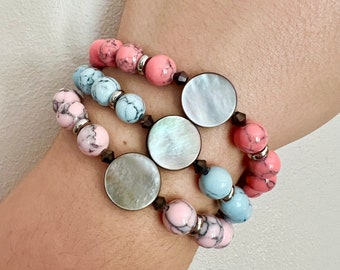 Magnesite Gemstone Stretch Bracelet, Blue, Pink or Coral, Silver Accents, Black Dyed Shell