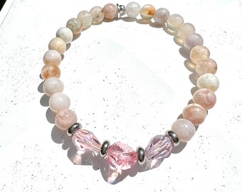 Cherry Blossom Agate Stretch Bracelet, Pink Swarovski Crystals, Silver Accents