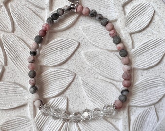 Matte Pink Zebra Jasper and Crystal Bracelet, Silver Accents