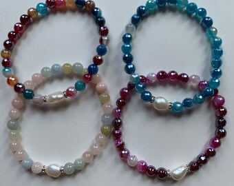 Spring Pearl Stretch Bracelets, Agate Gemstones, Silver Accents