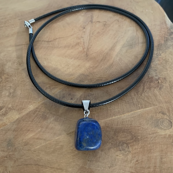 Pendentif Lapis Lazuli véritable du Chili argent, pierre brute, cordon en cuir naturel, pierre bleue, Collier homme, cadeau pour lui