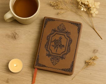 Vintage Brown Notebook - Semi-Rigid Leather with Bookmark - Embossed Flower Pattern - Elegant Retro Gift for Women - Girlfriend Gift
