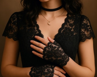 Guanti senza dita in pizzo nero, eleganti guanti senza dita da donna, accessorio chic per una serata gotica, rosa