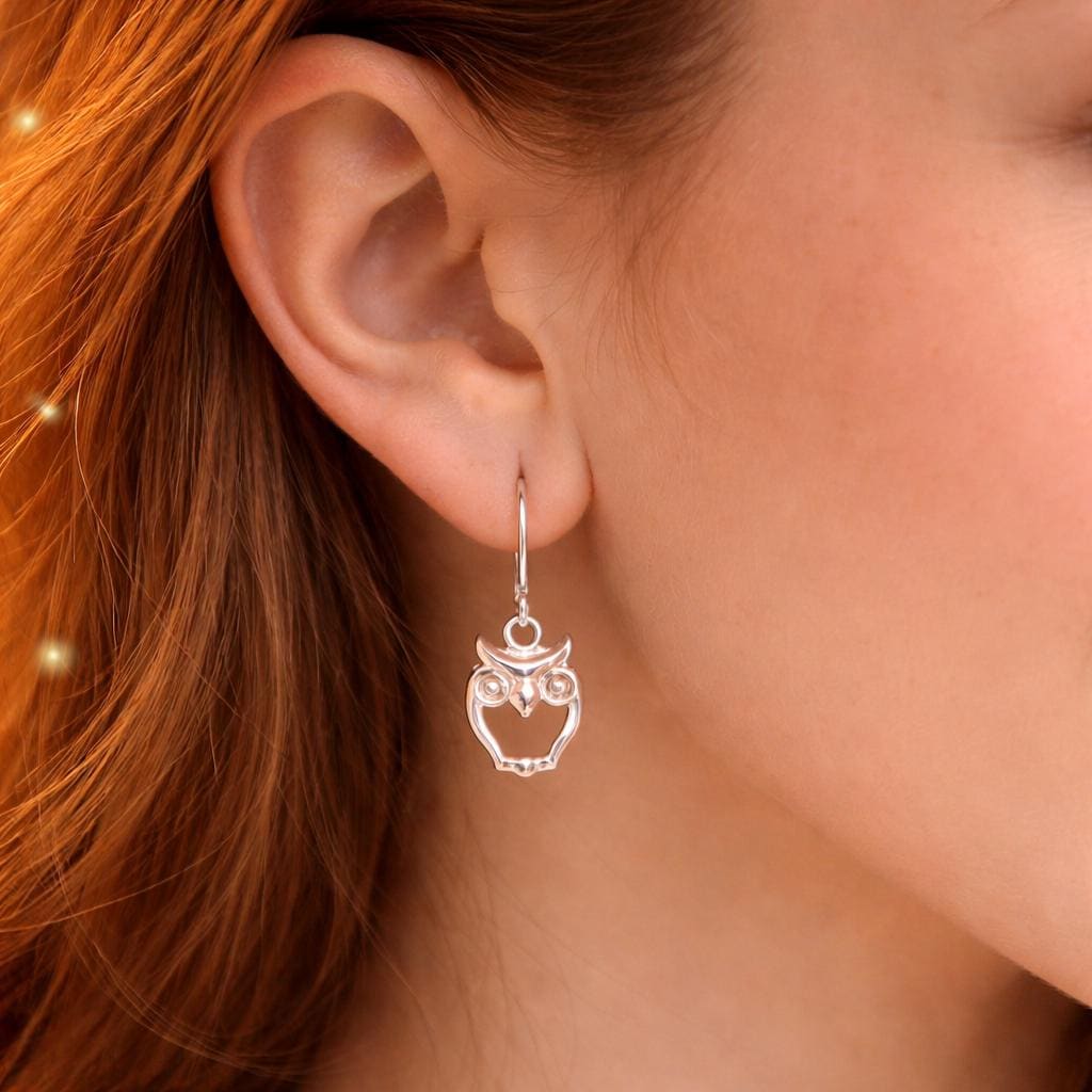 Boucles d&rsquo;oreilles chouette argent 925 &ndash; pendantes fines hibou &ndash; symbole sagesse p