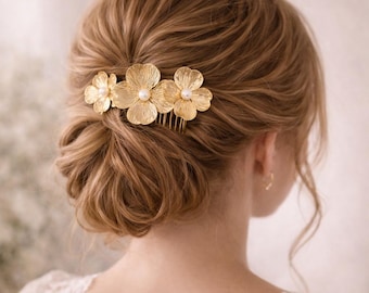 Peigne cheveux mariage doré + épingle fleur – Accessoire coiffure mariée bohème