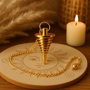 May include: A gold-colored pendulum with a spiral design, suspended by a chain, rests on a round wooden surface with a sun design. A lit candle and decorative elements are in the background. The pendulum is a tool for divination and spiritual practices.