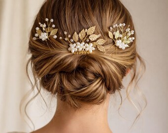 Gold and pearl wedding hair accessories – Boho chic hairpins – Gold and pearl bridal hairpins – Bridal hair jewelry