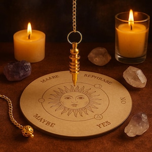 May include: A golden pendulum hangs above a wooden divination board with a sun design and the words "Maybe", "Yes", "No", and "Rephrase". Lit candles and crystals surround the board, creating a mystical atmosphere.