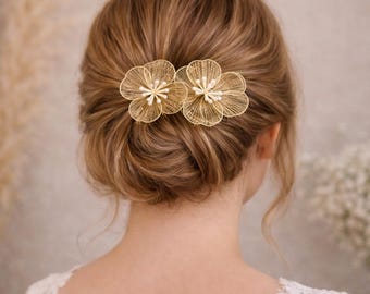 Peineta de flores doradas – Accesorio de boda estilo boho chic, joyería para el cabello de mujer, elegante recogido de noche